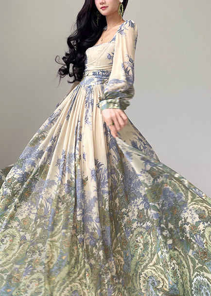 Classy Square Collar Print High Waist Tencel Chiffon Maxi Dress Spring
