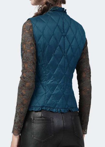 Black Button Ruffled V Neck Fine Cotton Filled Vest Spring