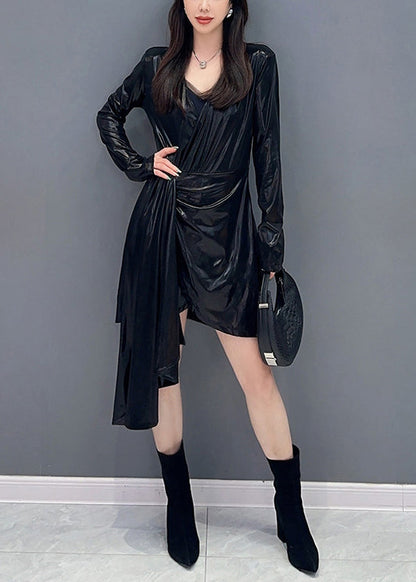 Black Wrinkled Cotton Mid Dress V Neck Spring