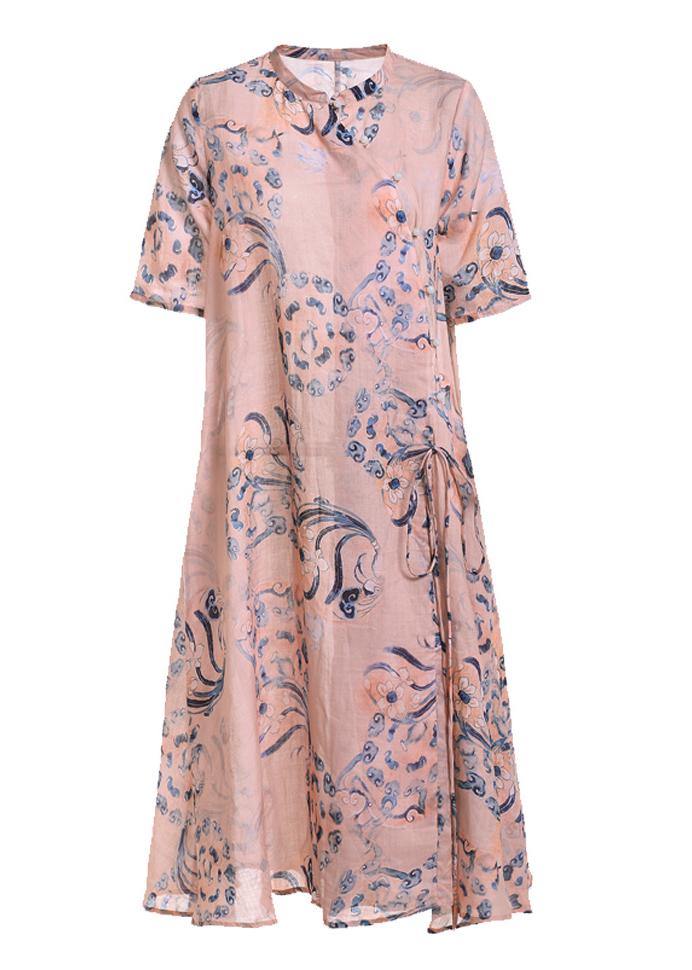 Pink Print Tie Waist Patchwork Summer Ramie Long Dress Short Sleeve