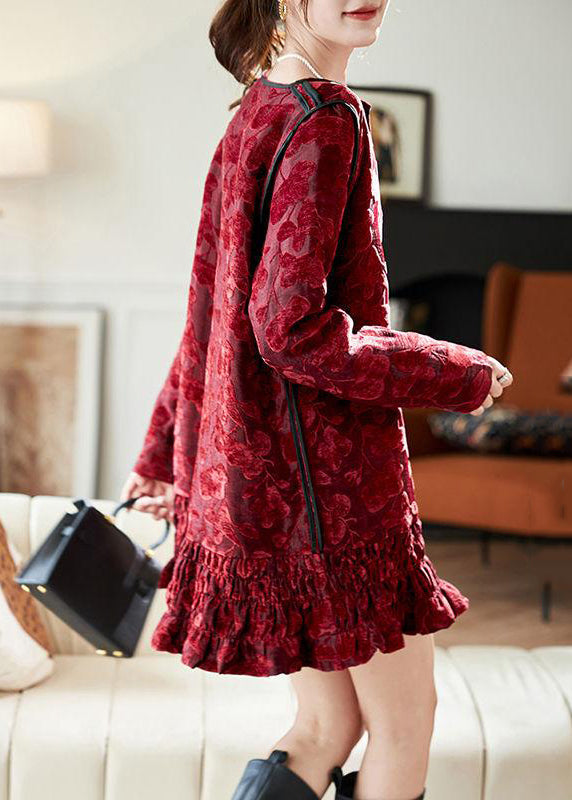 Red V Neck Ruffled Silk Velvet Vacation Mid Dresses Long Sleeve