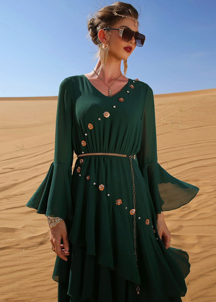 Blackish Green Wrinkled Sashes Chiffon Long Beach Dress Long Sleeve