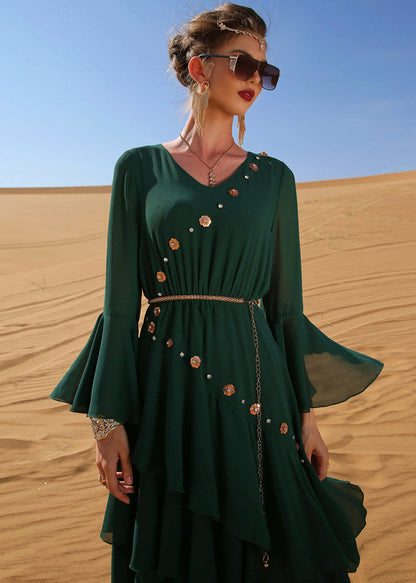 Blackish Green Wrinkled Sashes Chiffon Long Beach Dress Long Sleeve