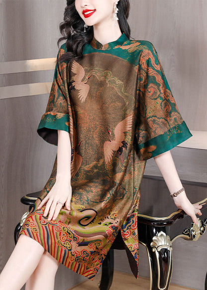 Green Oversized Print Silk Chinese Style Dress Half Sleeve