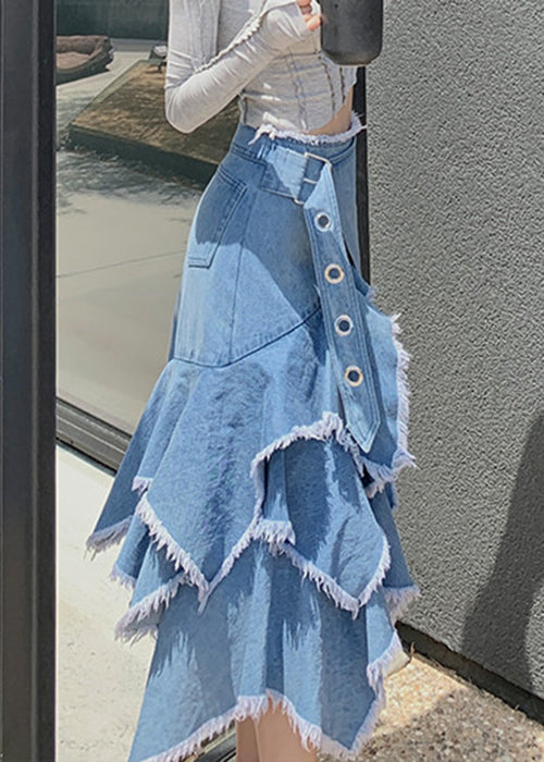 Blue Asymmetrical High Waist Patchwork Denim Skirt Fall