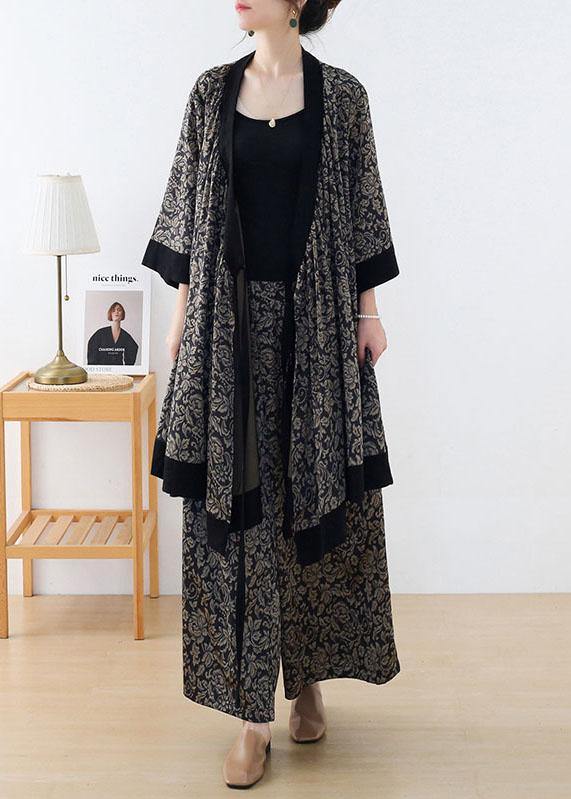 Handmade Beige Patchwork Top Wide Leg Two Pieces Set