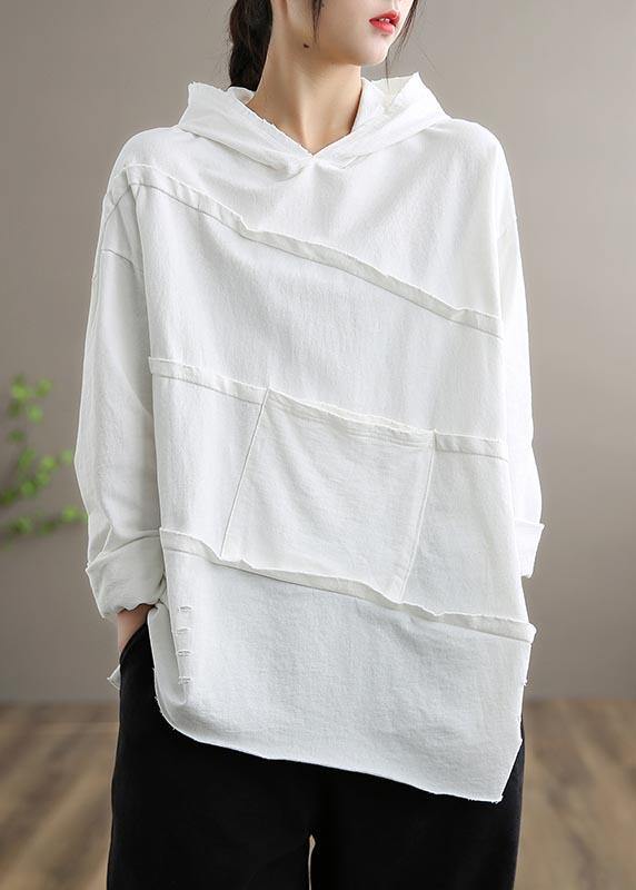 Handmade White Blouses for Hooded Patchwork Daily Spring Tops