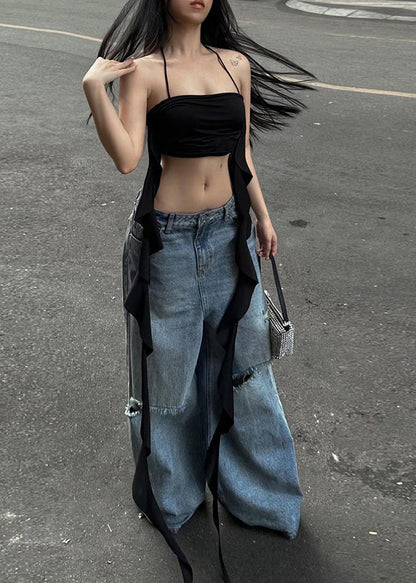 Black Backless Cotton Spaghetti Strap Tank Sleeveless