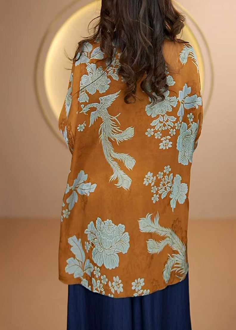 Navy O Neck Print Silk Shirt Tops Fall