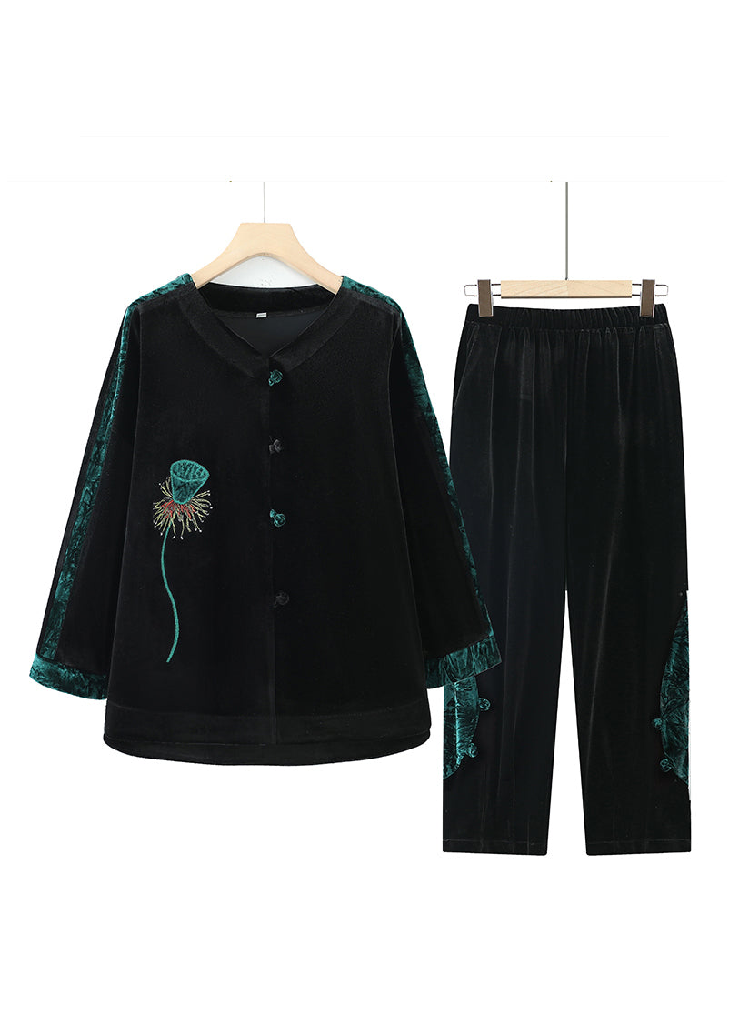 Coffee Embroidered Patchwork Velvet Two Pieces Set Fall