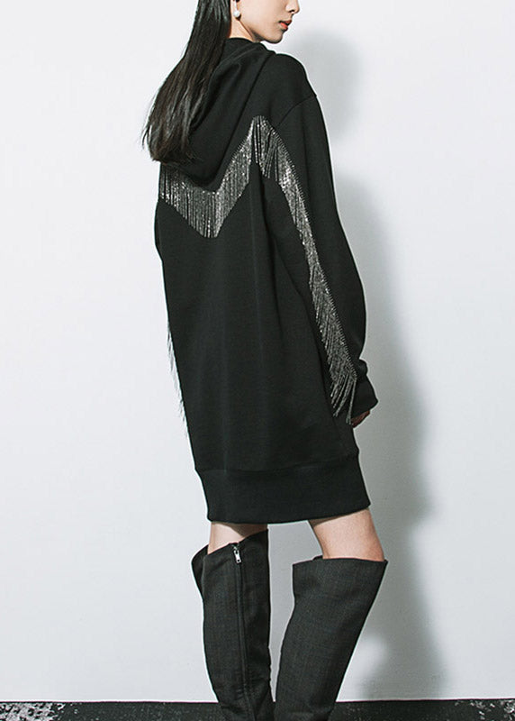 Black Patchwork Tassel Cotton Hooded Mid Dresses Fall