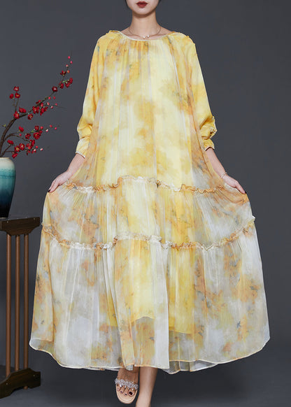Yellow Ruffled Tie Dye Chiffon Maxi Dress Spring