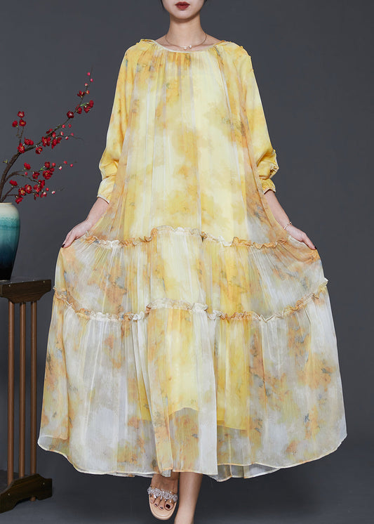 Yellow Ruffled Tie Dye Chiffon Maxi Dress Spring