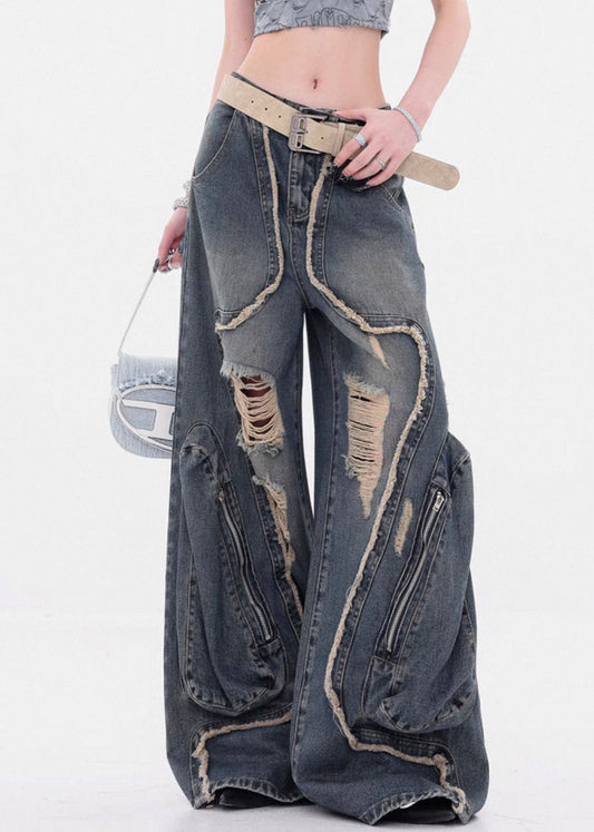Denim Blue Hole Zippered High Waist Wide Leg Pants Fall