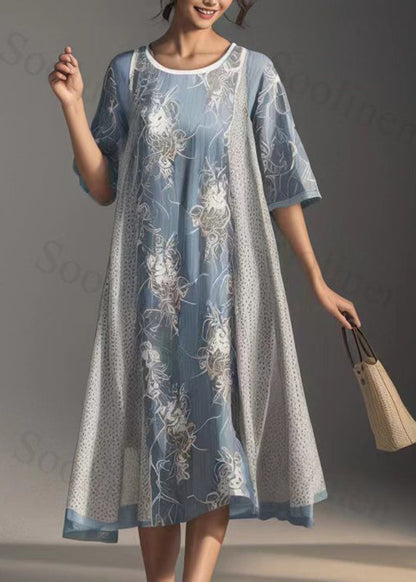 Loose Blue O-neck Print Silk Long Dresses Half Sleeve