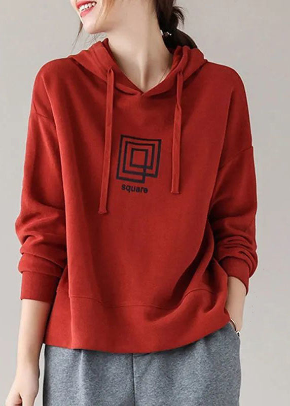 Brick Red Drawstring Hooded Print Cotton Sweatshirts Top Long Sleeve