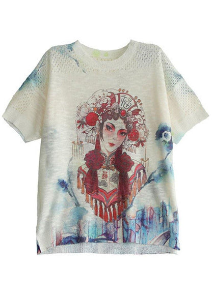 Italian White O-neck Print Summer Hollow Out Short Sleeve