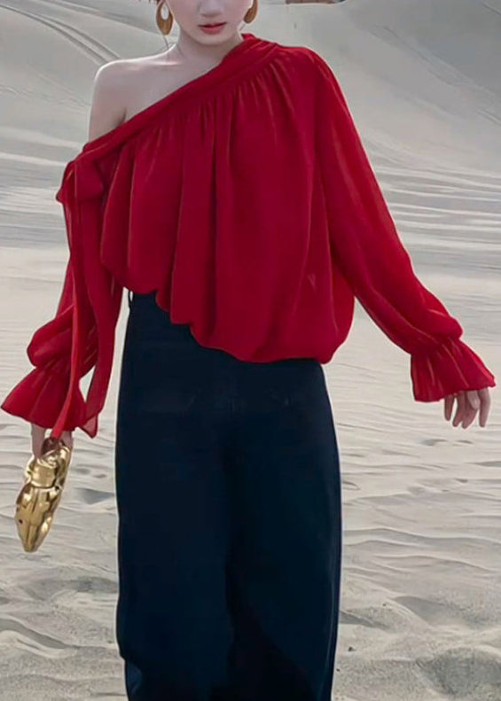 Stylish Red Lace Up Chiffon Shirt Fall
