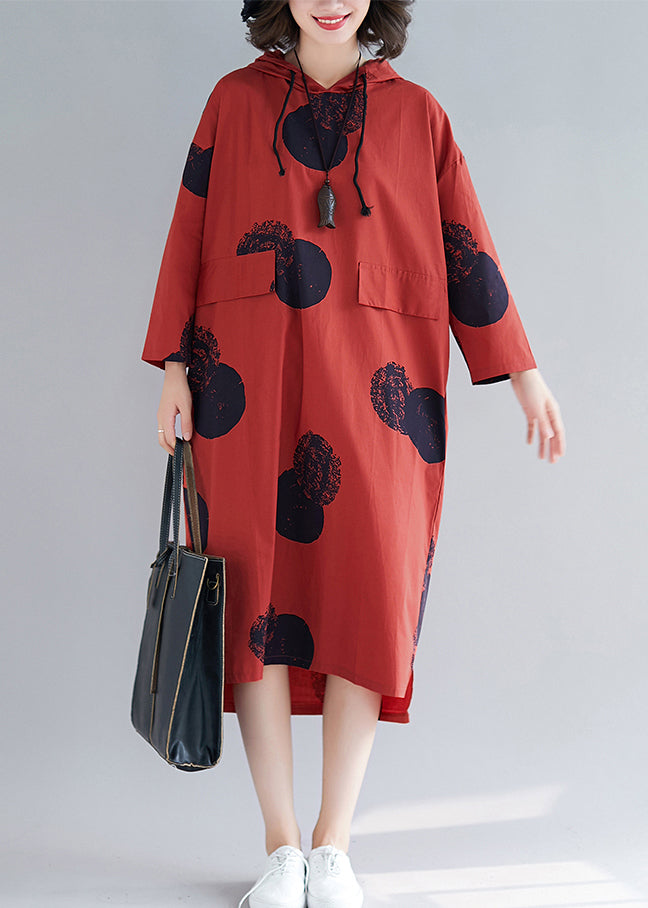 Red Hooded Print Cotton Loose Sweatshirt Dress Fall