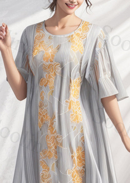 Loose Grey Oversized Print Silk Long Dresses Flare Sleeve