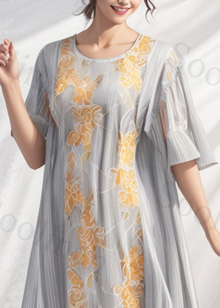Loose Grey Oversized Print Silk Long Dresses Flare Sleeve