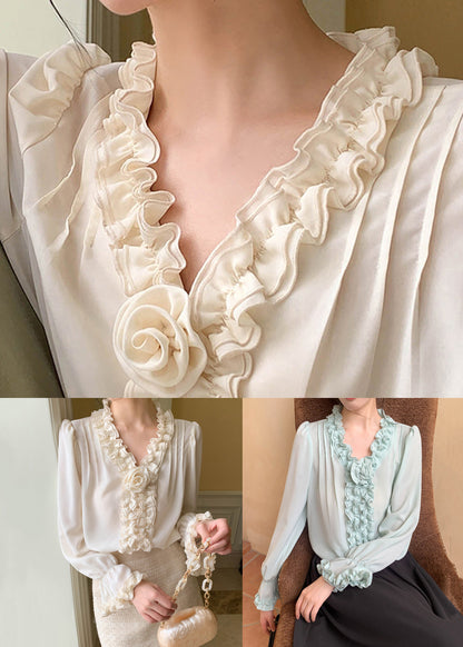 Mint Green Chiffon Blouses V Neck Spring