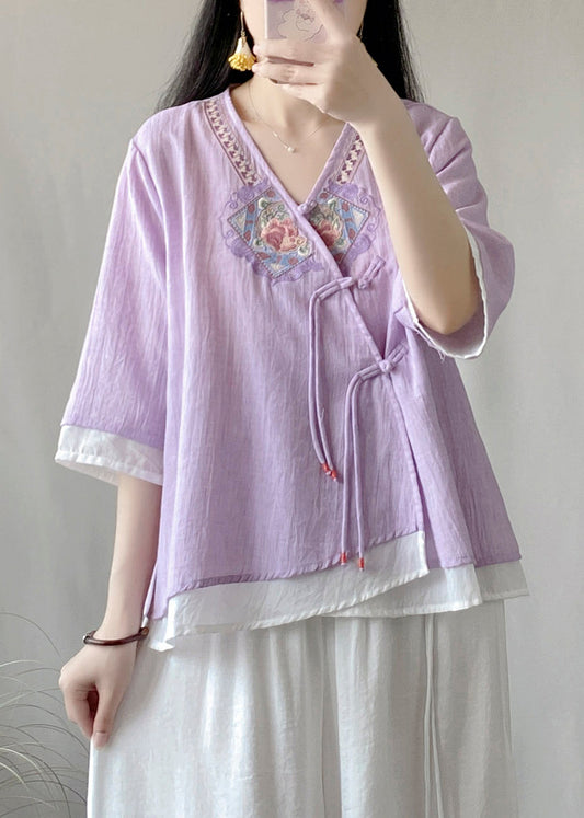Novelty Purple V Neck Embroideried Patchwork Button Top Long Sleeve