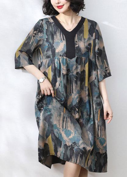 Blue V Neck Print Wrinkled Dress Half Sleeve
