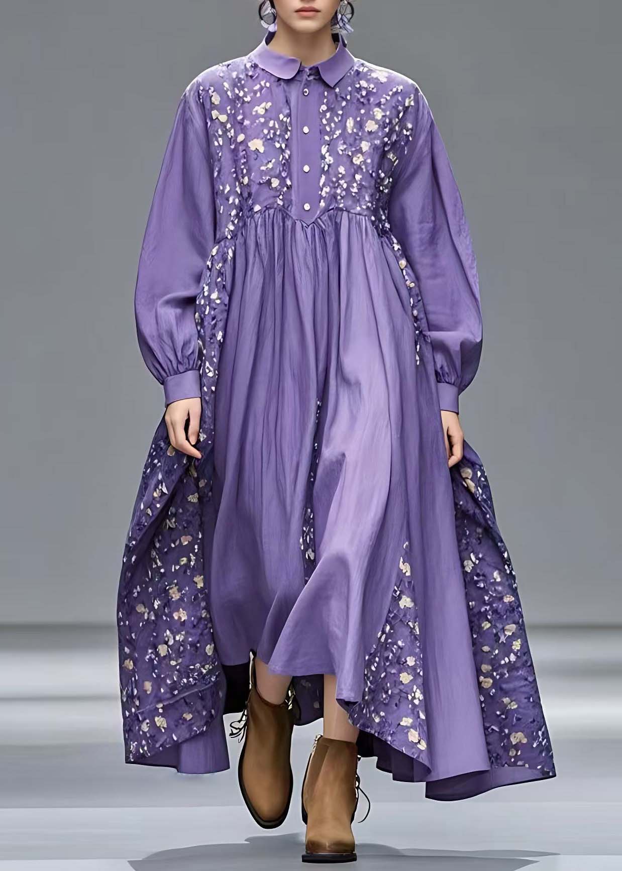 French Purple Peter Pan Collar Patchwork Long Dresses Long Sleeve Spring