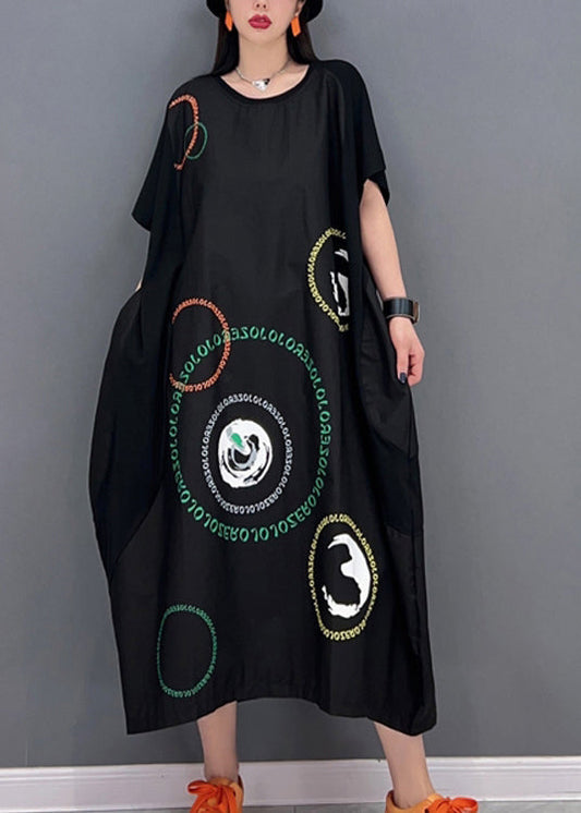 Stylish Black O-neck Patchwork Print Vacation Long Dresses Short Sleeve