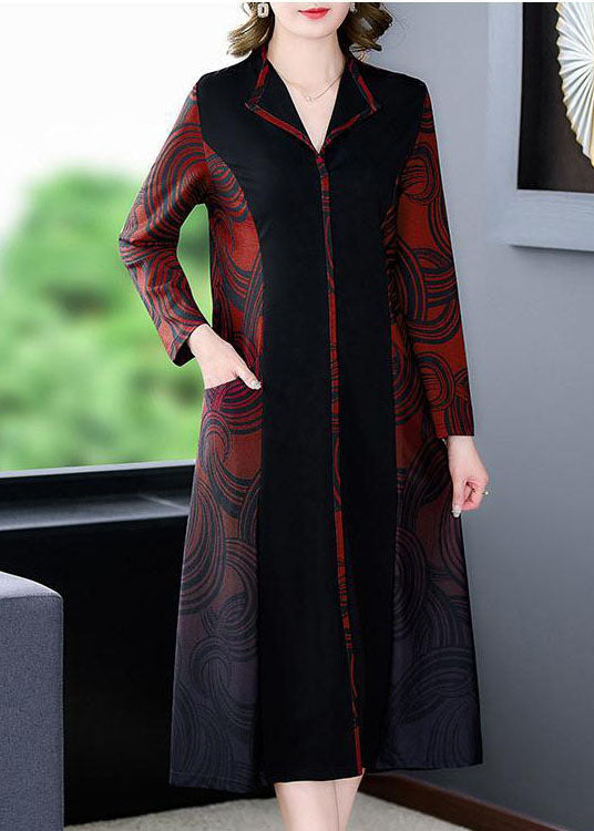 Red V Neck Patchwork Print Silk Cinch Dress Fall