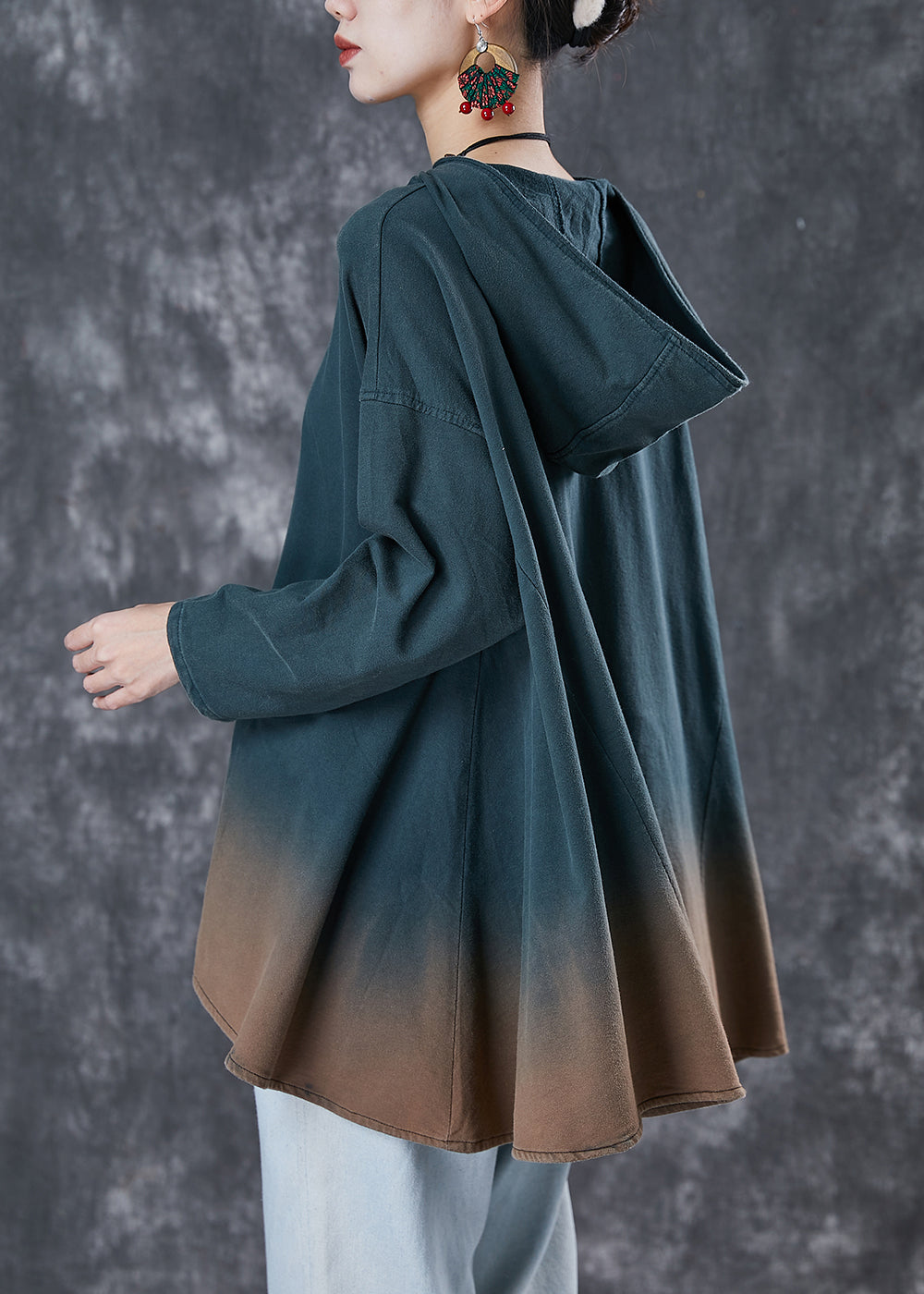 Loose Green Hooded Gradient Color Cotton Sweatshirt Spring