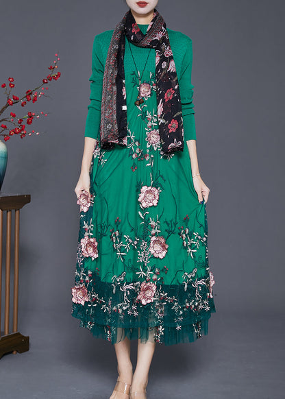 Green Patchwork Tulle Knit Dress Embroideried Fall