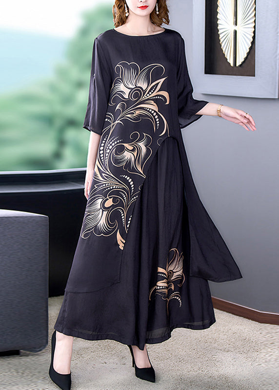 Black Asymmetrical Print Chiffon Top and Wide Leg Pants Two-piece Set Summer