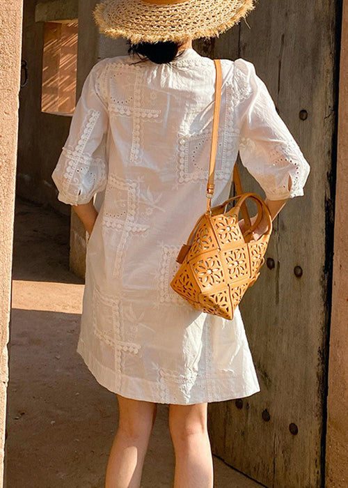 White V Neck Hollow Out Pockets Cotton Dress Half Sleeve