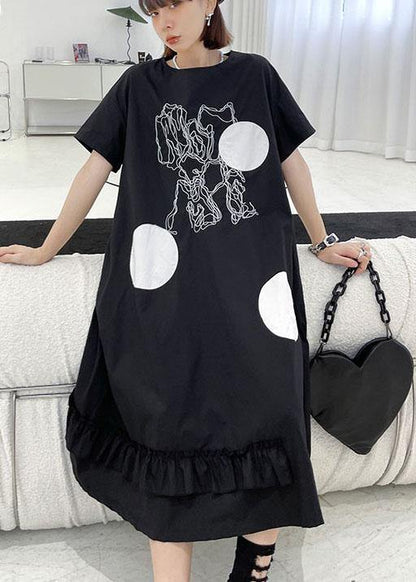 Diy Black O Neck Print Maxi Dress Short Sleeve