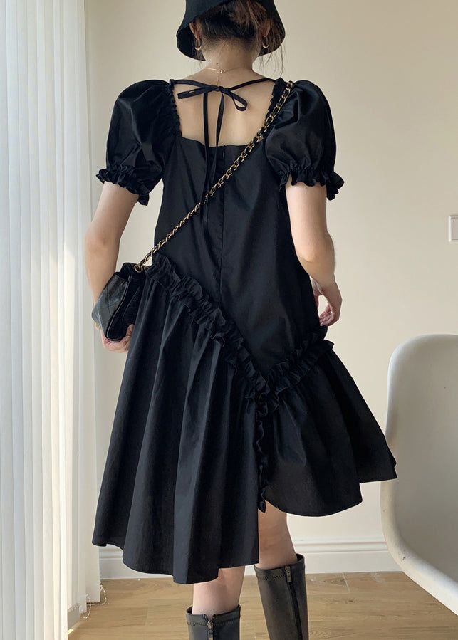 Black Ruffled Asymmetrical Patchwork Cotton Dresses Puff Sleeve