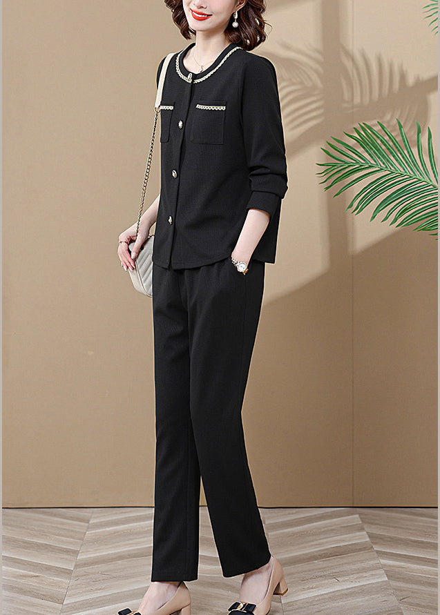 Black Pockets Patchwork Cardigans and Wide Leg Pants Two Pieces Set Long Sleeve