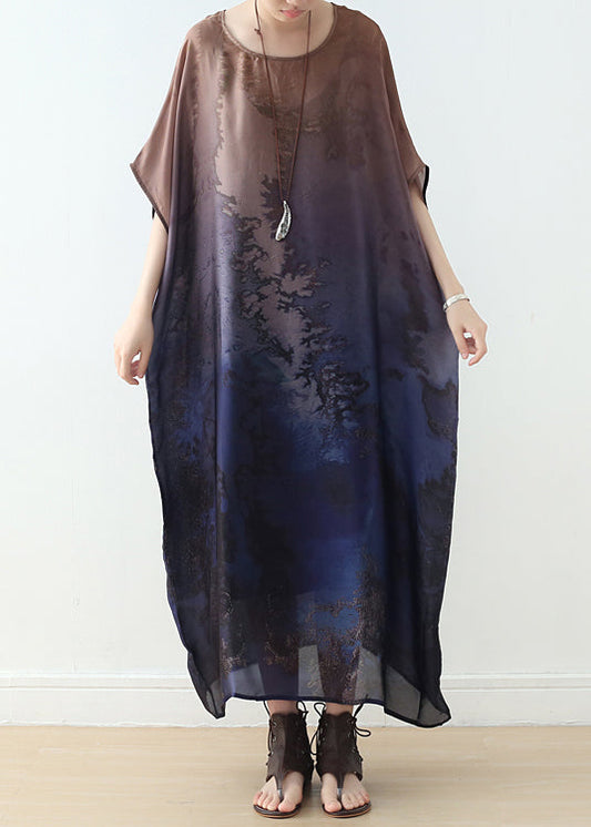 Blue Gradient Color O-neck Draping Print Silk Long Dresses Short Sleeve
