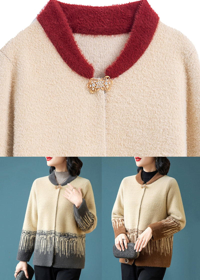 Chinese Style Grey Print Mink Hair Knitted Coat Fall
