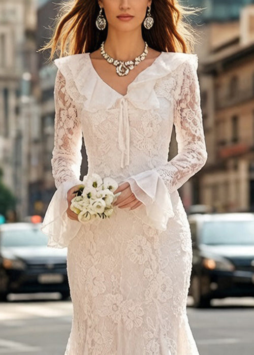 White Embroidered Lace Up Fish Tail Dress Flare Sleeve
