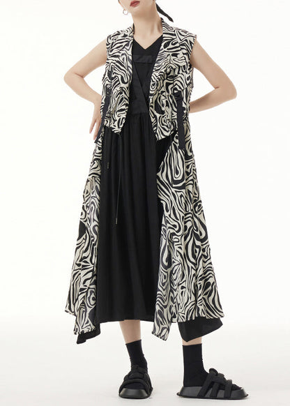 Unique Zebra Pattern Asymmetrical Lace Up Patchwork Silk Long Waistcoat Sleeveless