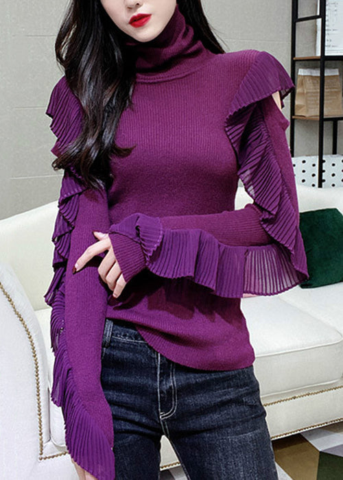 Red Turtleneck Ruffled Patchwork Knit Tops Long Sleeve