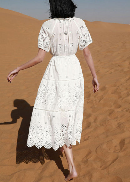 White Hollow Out Lace Up Cotton Long Dress Summer