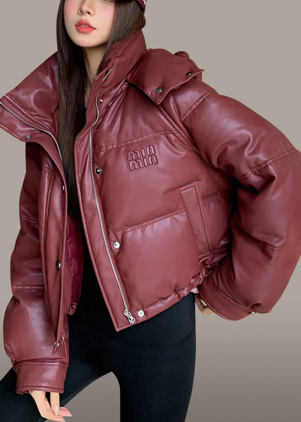 Mulberry Hooded Drawstring Faux Leather Duck Down Jackets Winter