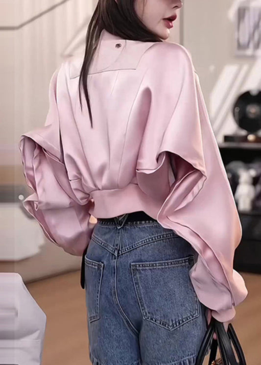 New Pink Zippered Short Baseball Jacket Autumn