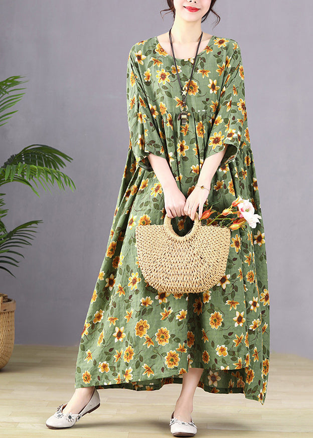 Handmade Green O-neck Patchwork Maxi Dresses Bracelet Sleeve