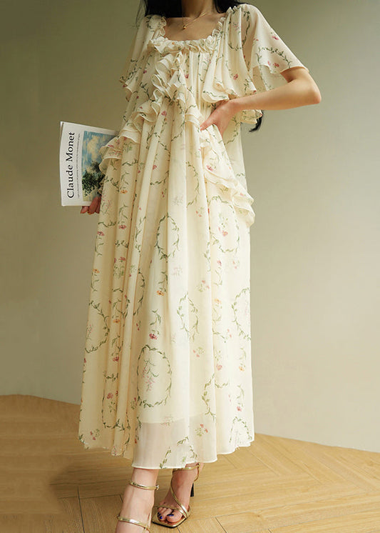 U Neck Ruffled Print Chiffon Long Dress Summer