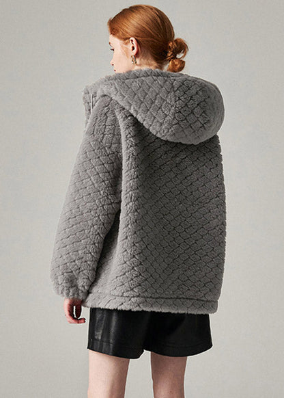 Grey Drawstring Faux Fur Hooded Coat Winter