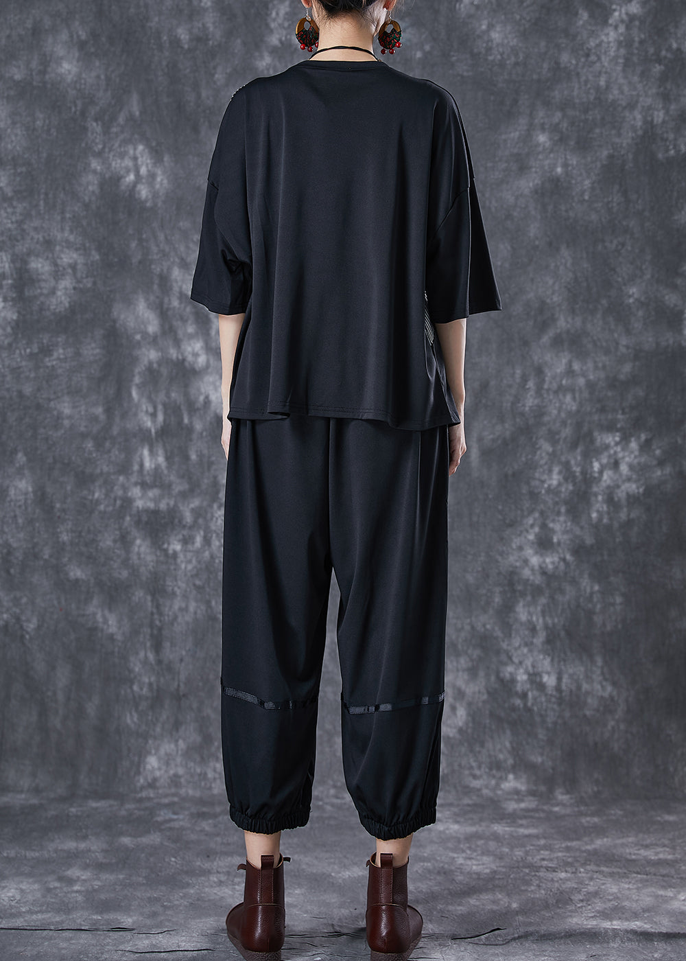 Black Cinched Patchwork Striped Cotton Two Piece Set Summer